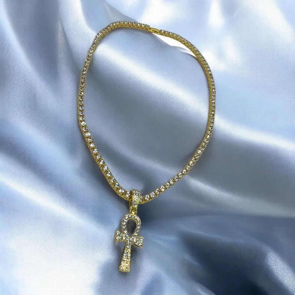 Gold Tone Ahnk Cross Tennis Pendant Necklace 23” Crystal Men's Faith Fashion NEW